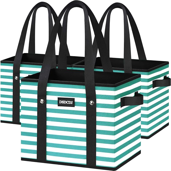 Reusable Grocery Bags 3 Pack - Heavy Duty Reusable Shopping Bags with Hard Bottom & Long Handles, Foldable Utility Tote Bag with Box Shape to Stand Up, 13x10.23x11in, Stripe Green by DSDCDJ