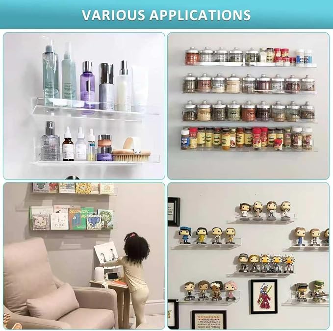 6 Pack Acrylic Shelves for Wall, 15 Inch Clear Adhesive Floating Shelf | Dual-Mount No Drill/Screw Waterproof Wall Shelf, Rustproof Storage Rack for Bathroom, Kitchen, Living Room, Bedroom - Image 4