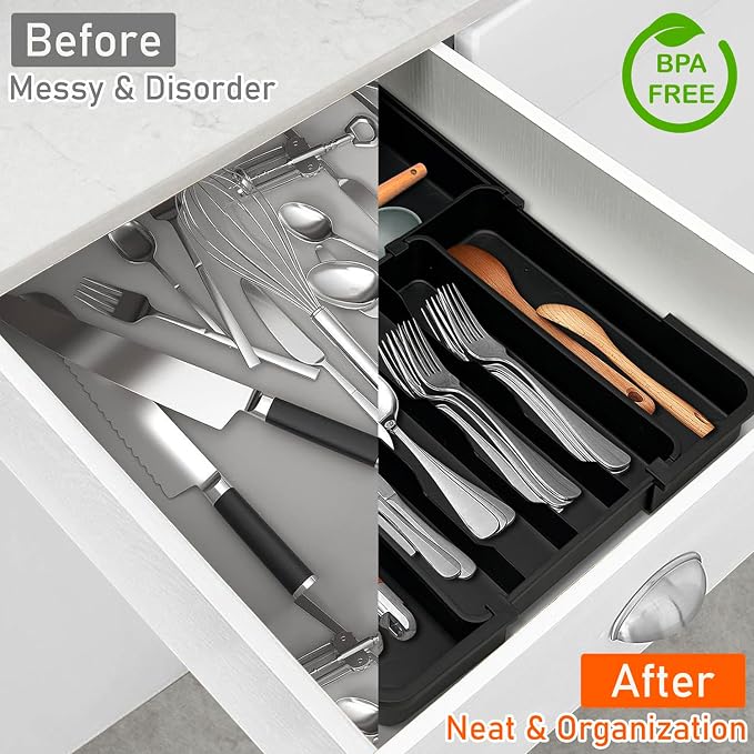 Silverware Organizer - Expandable Kitchen Drawer Organizer, Utensil Drawer Organizer, Adjustable Plastic Flatware and Cutlery Holder, Kitchen Organizers Storage for Forks Knives, Black - Image 8