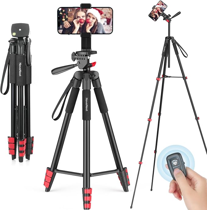 65" Phone Tripod Stand for iPhone Camera Wireless Remote & Holder | 574g Ultra-Lightweight 65" Height. Max Load 4.4lb. 360° Pan Head for Vlogging. Includes Bluetooth Remote & Tripod Carry Bag by Phonetripod