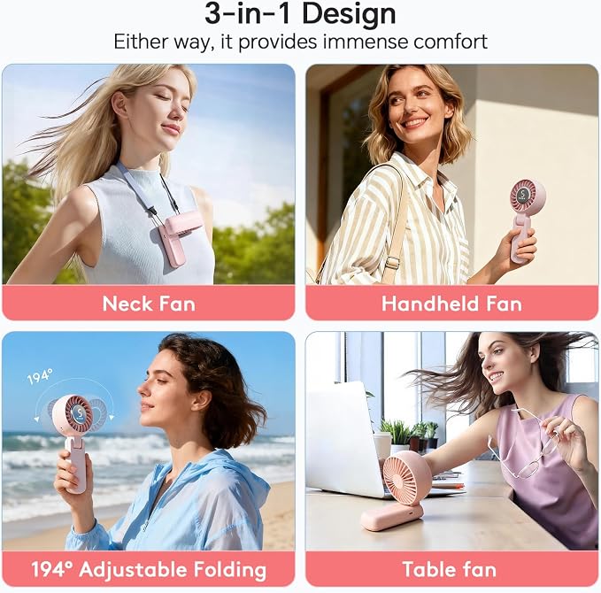 ZOZOO Portable Handheld Fan, 5 Gear High Speed, Rechargeable Mini Personal Hand Fan, Up to 14 Working Hours, 3 IN 1 for Travel, Beach Vacation, Camping, Gifts for Women, (Pink) - Image 5