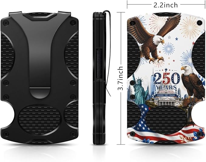250th America Anniversary Minimalist Wallet 1776-2026 Patriotic Money Clip | Carbon Fiber, 3.4" x 2.1" x 0.35", Red White Blue, 4th July, RFID, Holds Up To 12, Credit Card Holder & Cash Clip - Image 2