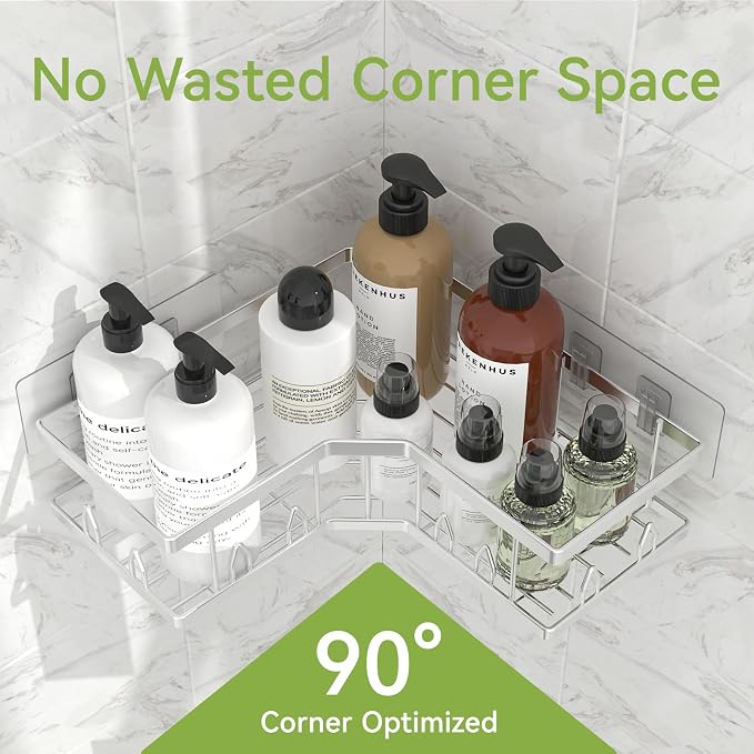 Shower Shelf Corner, Adhesive Shower Caddy Rustproof, Shower Shelves Corner with Soap Holder, No Drilling Shower Corner Organizer for Dorm, Renters Bathroom, Silver, 3 Pack - Image 2
