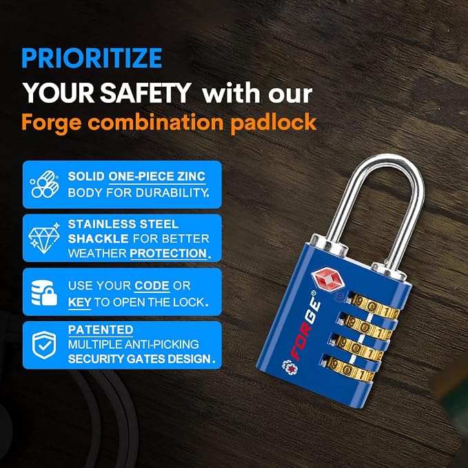 Forge Dual-Opening: Key or Combination Access Lock, TSA Approved Locks for Luggage, Pelican case, Travel, Gym, School, Stainless Steel Shackle. (Blue 2 Pk) - Image 6