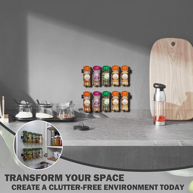 Adhesive Spice Clips 3-Pack, Heavy-Duty Spice Organizer for Cabinet Doors, Pantry & RV, Space-Saving Kitchen Storage with Tape, Holds 15 Jars (Black) - Image 7