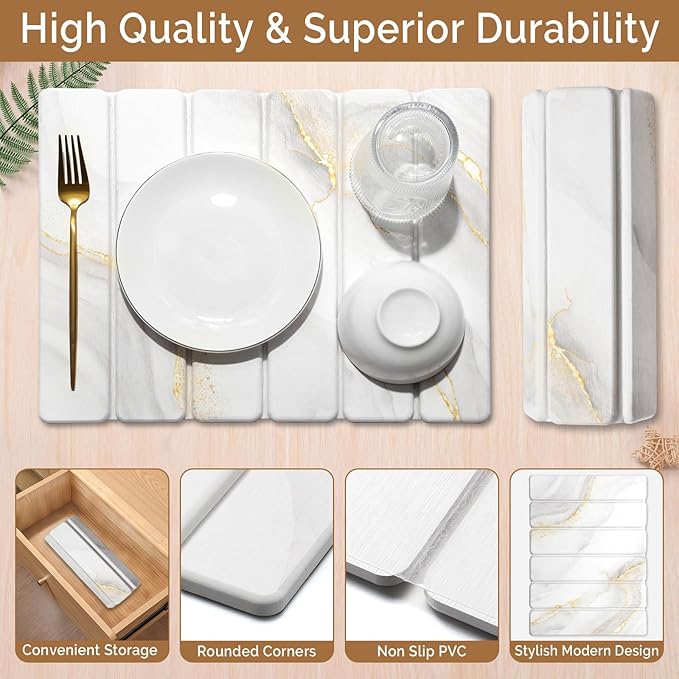 Small Stone Dish Drying Mat for Kitchen Counter, 15.7"×12" & 8"x4" Quick Dry Stone Mats, Foldable Water Absorbing Diatomaceous Earth Drying Dish Pad for Countertop Bottles Utensils Cup(Gold White) - Image 4
