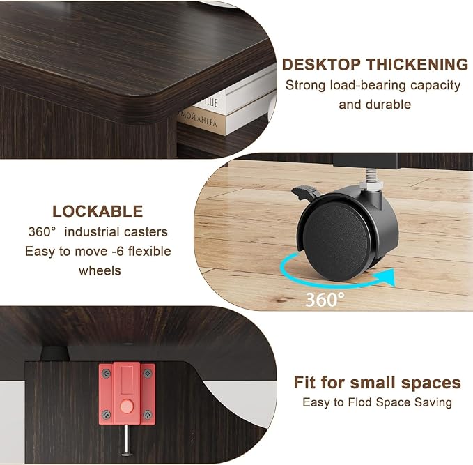 IDEALHOUSE FoldingTable, Drop Leaf Dining Table with 6 Wheels and 2-Layer Storage Shelf, Space Saving Table for Small Spaces (Dark Walnut, 47.2" D x 23.6" W x 29.5" H) - Image 6