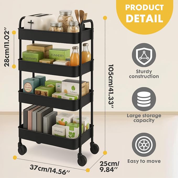 ShellKingdom 4 Tier Bathroom Storage Organizer, Slim Rolling Storage Cart | Storage Shelf for Narrow Space with Handle, Mobile Shelving Unit for Bathroom, Kitchen, Laundry (Black) - Image 5