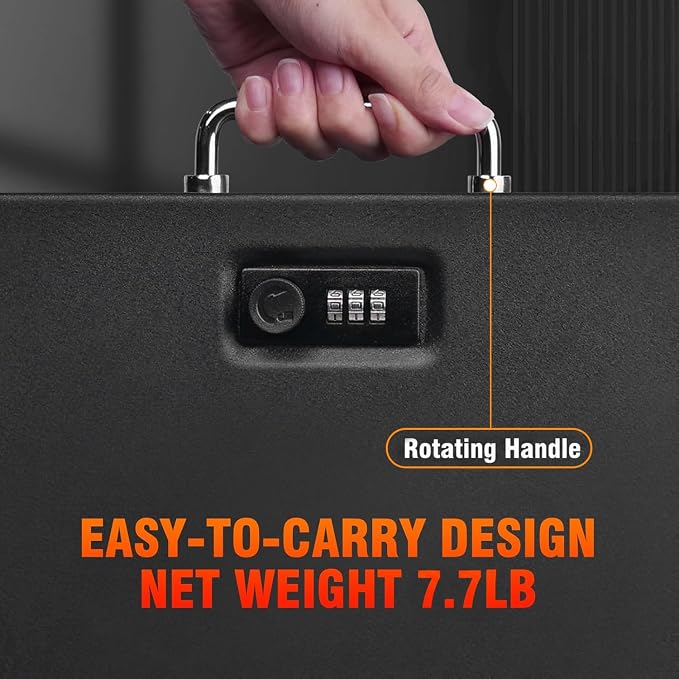 TOTOY 0.35 CuFt Portable Steel Fireproof 3-Digit Lock Handheld Document Box | Rotable Carrying Handle Storage Lock Box for A4 Documents Passport Cash Money Laptop Tablet Jewelry, 13.8''W x 11''D x 4''H - Image 4