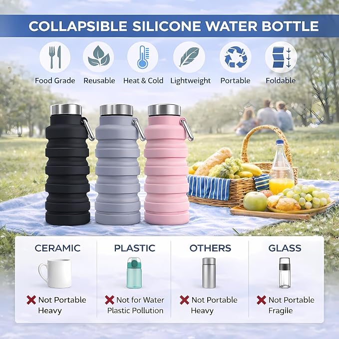 Collapsible Water Bottles,16oz Capacity Portable Reusable Silicone Water Bottle,Leak-proof,with buckle,foldable storage,Lightweight Durable for Fitness,Cycling,Sports,Camping,Hiking(Pink+Black) - Image 3