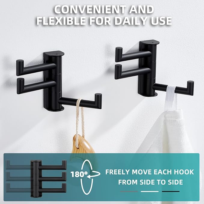 Angle Simple Swivel Towel Hooks for Bathrooms, 2 Pack Wall Hook Matte Black | Swing Foldable 3 Arms for Hand Towel Robe Coat, Solid 304 Stainless Steel, Space Saver for Kitchen Shower Closet, Wall Mount - Image 7