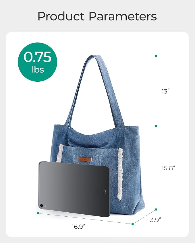 BAGSMART Women's Zippered Tote Bag Lightweight Denim Shoulder Bag | Handbag for Work Travel - Image 4
