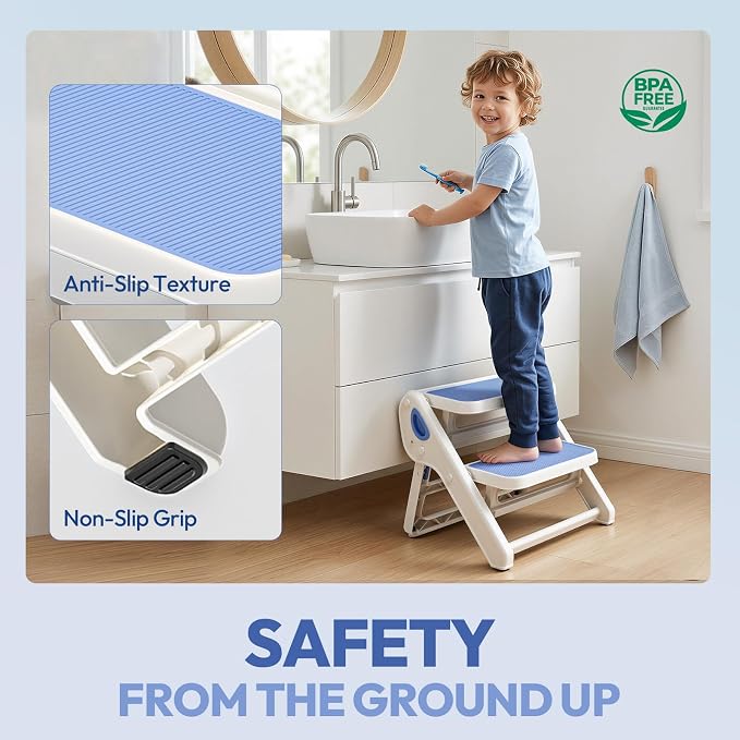 Foldable Toddler Step Stool for Bathroom Sink, Toilet, Bedroom, Kitchen – Non-Slip, Space-Saving, BPA-Free, Supports 110 lbs, Kids Step Stool (Blue) - Image 2