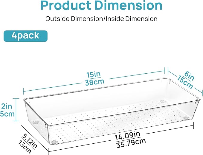Vtopmart 4 Pack Clear Kitchen Drawer Organizer, 15x6 Inch Utensil Tray | Silverware Organizer Trays for Flatware, Cutlery and Kitchen Utensils, Large Clear Bins Create a Neat and Organized Drawer - Image 2