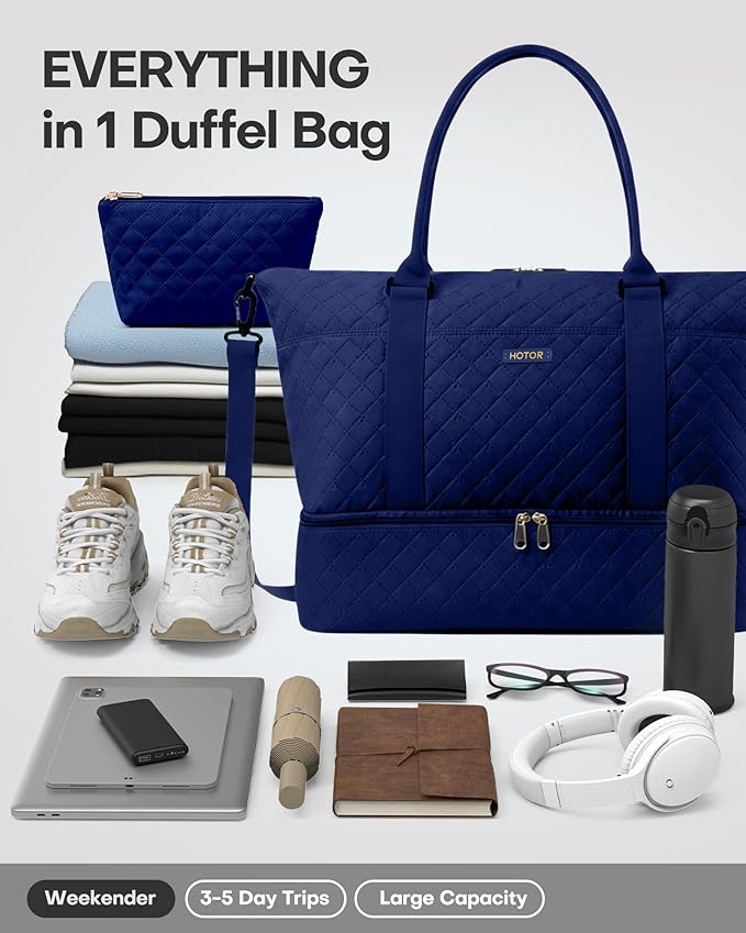 HOTOR Travel Duffel Bag - Weekender Bags for Women, Carry On Gym Tote Bags | with Toiletry Bag & Shoe Compartment, Overnight Bag for Travel Essentials, Travel Accessories, Dark Blue, 15.8"×18.1"×8.7" - Image 5