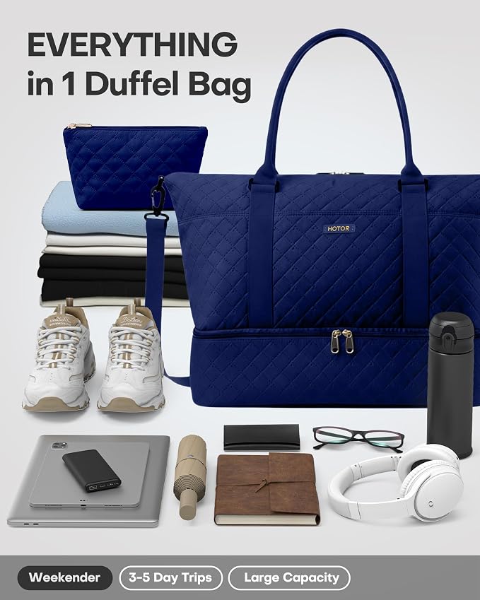 HOTOR Travel Duffel Bag - Weekender Bags for Women, Carry On Gym Tote Bags | with Toiletry Bag & Shoe Compartment, Overnight Bag for Travel Essentials, Travel Accessories, Dark Blue, 13.4"×17.3"×7.9" - Image 5