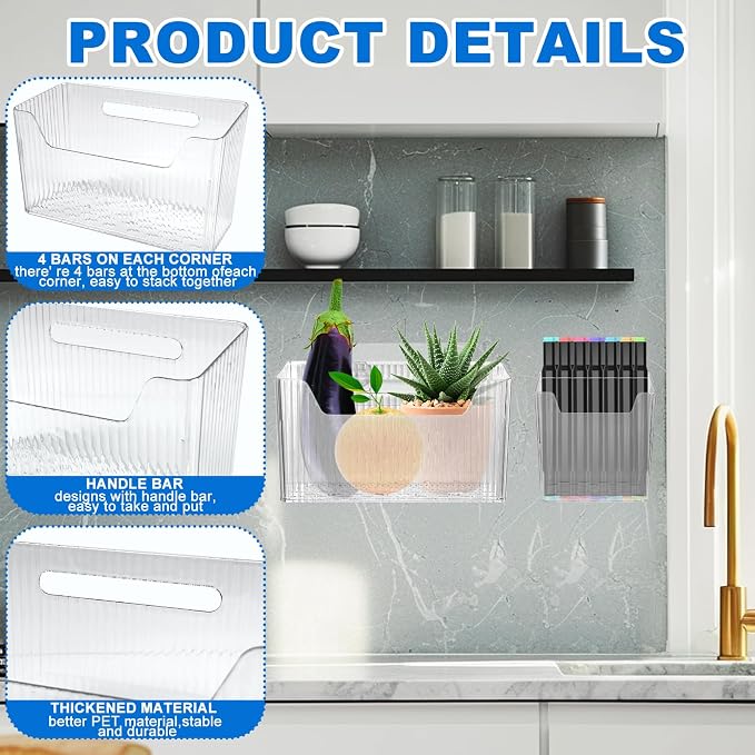 8 Pcs Storage Organizer Bins - Wall Mounted Basket in 2 Sizes, Clear Cabinet Door Stackable Adhesive Hanging Bin for Bathroom, Kitchen, Pantry - Image 3