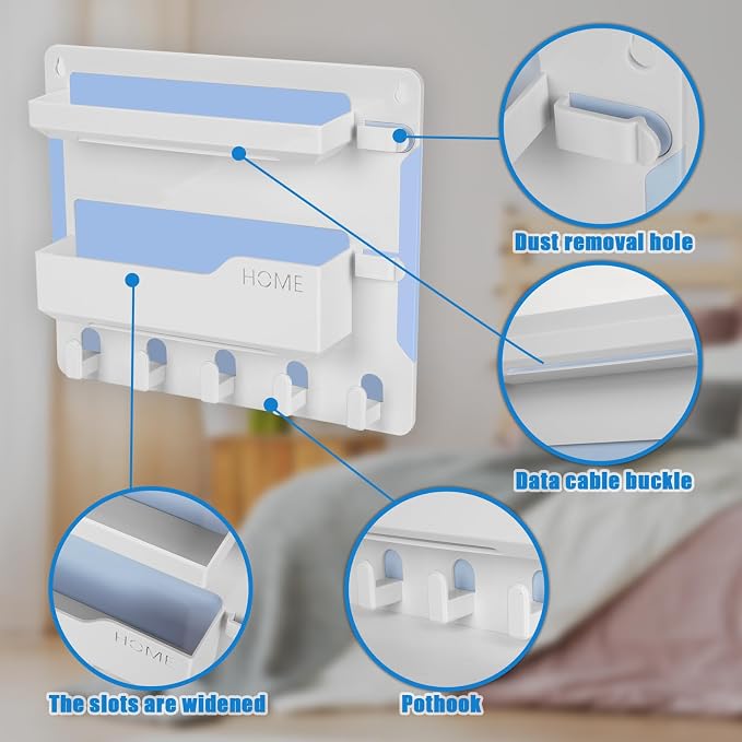 YONGAIJIA Bedside Shelf Wall Mount with Hooks, Cable Clips, No-Drill, White | RV Shelf, Camper, Dorm Room Essentials, Bunk Bed, Damage-Free Adhesive, Floating Organizer, Holds Phone Remote Glasses - Image 3