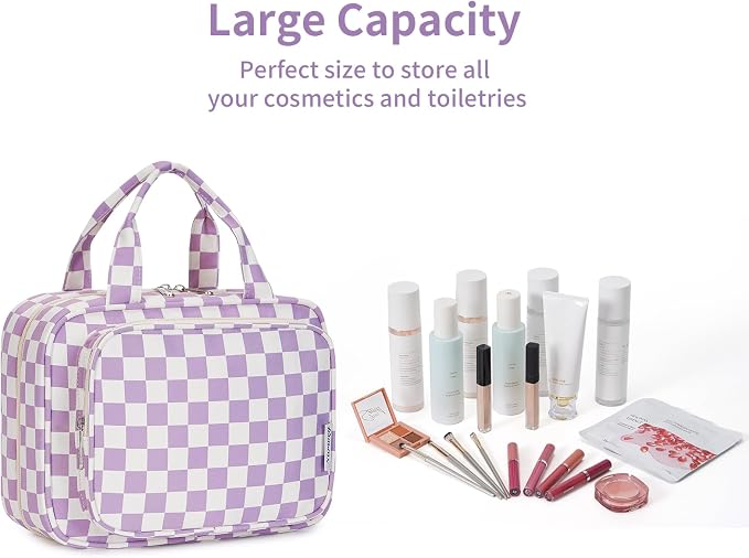 Narwey Hanging Toiletry Bag for Women Travel Makeup Bag Organizer Toiletries Bag for Travel Size Essentials Accessories Cosmetics (Purple Checkerboard (Medium)) - Image 6