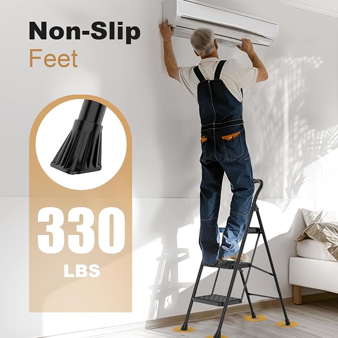 HBTower 3 Step Ladder, Step Stool Foldable for Adults | Wide Anti-Slip Pedal, Lightweight 3 Step Ladders for Home, Black - Image 4