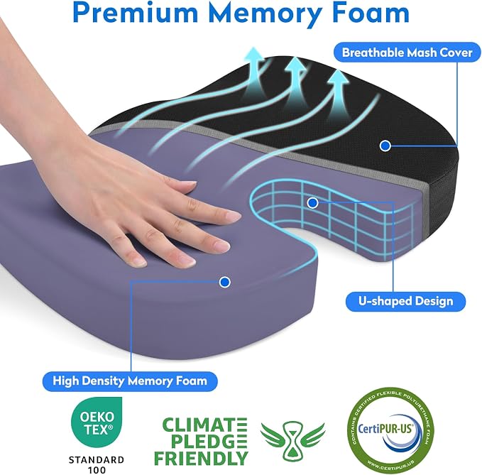 CushZone XL Memory Foam Seat Cushion for Office, Car & Wheelchair, Black | U-shaped Coccyx Cutout, Contoured Design, Breathable Removable Mesh Cover, Non-Slip Base, Carry Handle - Image 3