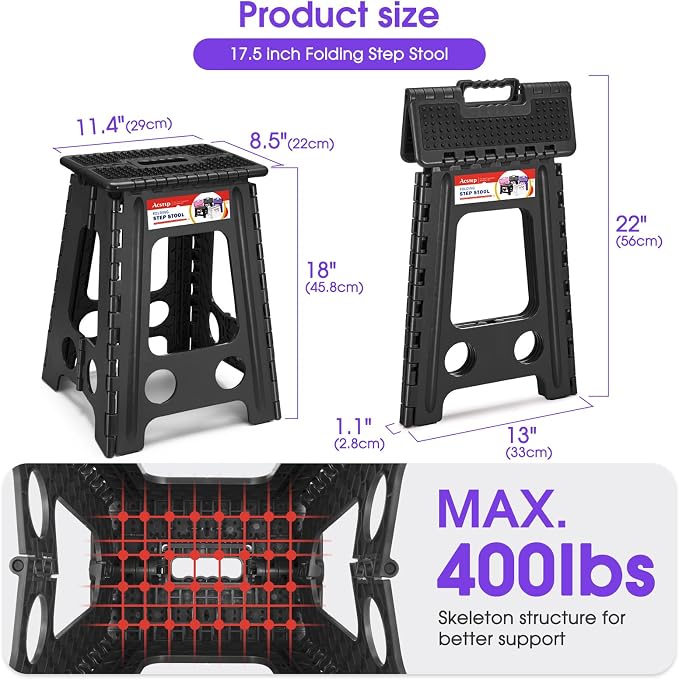 17.5 Inch Heavy Duty Folding Step Stool, 400 lbs, Dot Black | Collapsible Stepping Stool for Adults with Handle and Non-Slip Surface, for Kitchen, Garage, Bedroom and Outdoor Tasks - Image 2