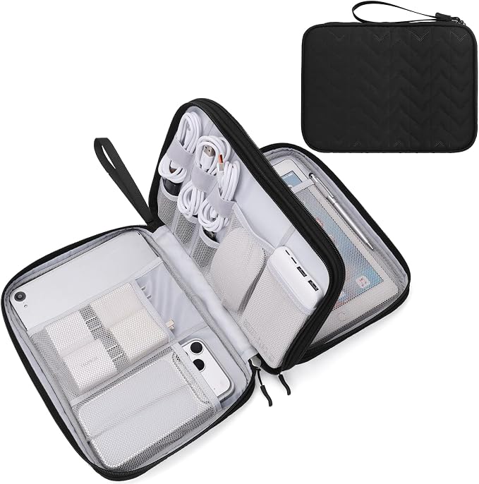 FYY Electronic Organizer, Travel Tech Pouch Bag, Extra Large, Black Quilted | Wrist Strap, Waterproof, Double Layers Electronics Travel Case for iPad, Cord, Laptop Charger, Daily and Business Trips Use by FYY