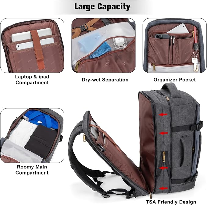 Tzowla 40L Canvas Expandable Travel Laptop Backpack for Men Women Carry on Flight Approved,Large Capacity Anti Theft Backpacks,Vintage Personal Item Bag Fit 17.3" Laptop(Black & Blue) - Image 3