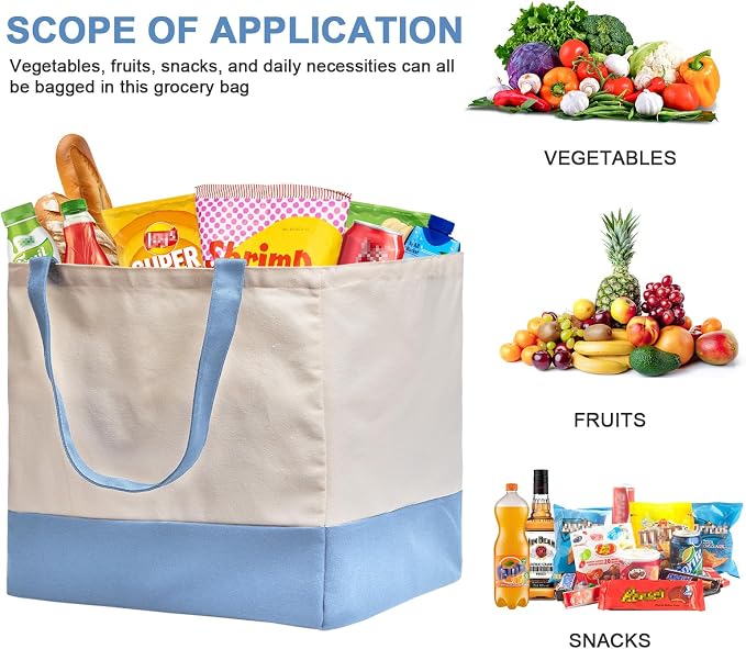 Reusable Grocery Bags Heavy Duty, 8.3 gal Foldable Large Canvas Tote Bag with Handles, Holds 60 lbs Canvas Shopping Bags, 1 Pack（Off White+Light Blue） - Image 5