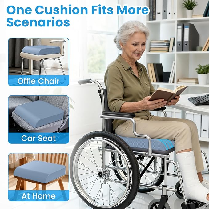 Wheelchair Seat Cushion for Pressure Relief, Cooling Gel Memory Foam Chair Cushion with Slope-Edge Design, Coccyx Support for Tailbone Pain, Non-Slip, for Wheelchairs, Office Chairs, Light Blue - Image 2
