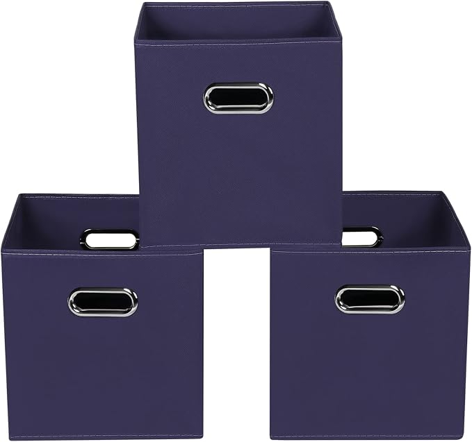 Navy Blue Fabric Storage Bins, Set of 3, 11x11x11, Foldable Cube Bins for Cloth or Accessory Storage by Yunkeeper