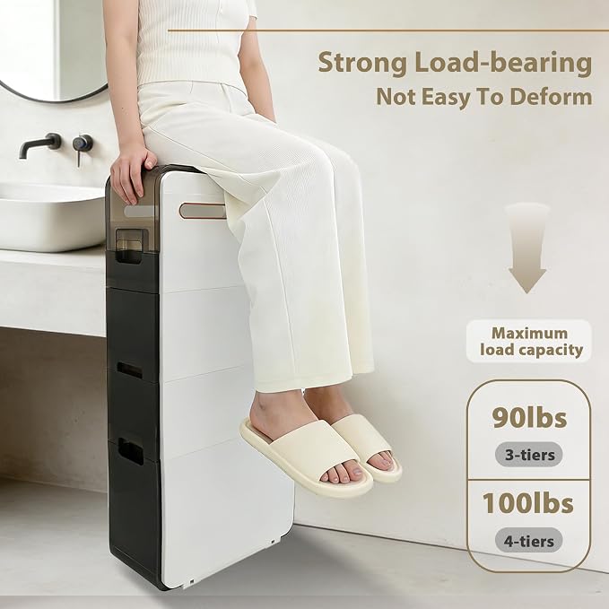BGYMF 4-Tier Narrow Slim Bathroom Storage Cabinet,Movable,White | ABS and PP,with Wheels and Drawers,Large Storage Capacity,Water Resistant,Toilet Paper Holder,for Small Spaces - Image 5