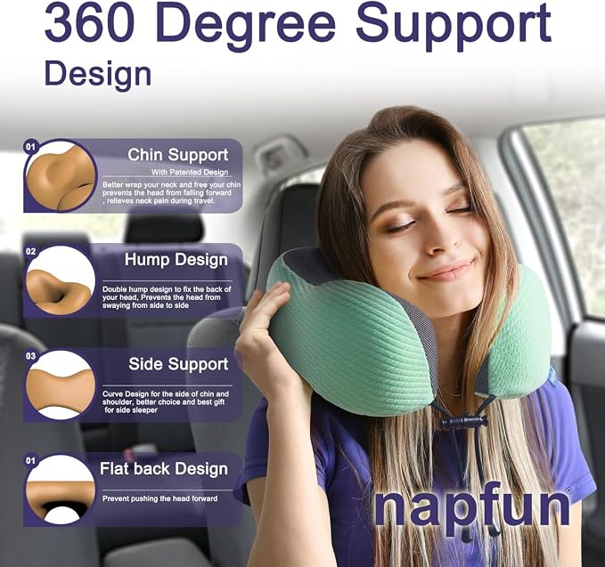 napfun Neck Pillow for Travel with Travel Pouch, Sleep Mask & Earplugs, Memory Foam Airplane Pillow for Headrest Sleep with Eyeshades, Plane Essentials with Eye Blindfold, Turquoise Striped Kit - Image 3