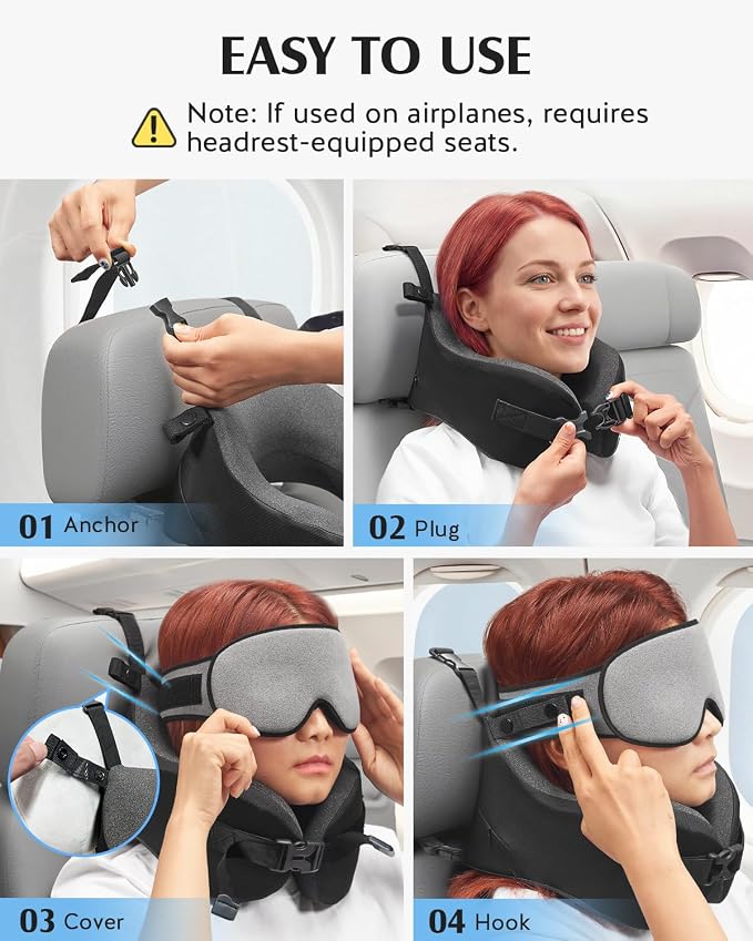 YFONG Travel Pillow with Head Support & Sleep Mask for Long Flights, Grey | Patented 360° Support System, Prevents Bobbing, Airplane Head Strap, 3D Eye Mask, Memory Foam Neck Pillow, Travel Essential - Image 6