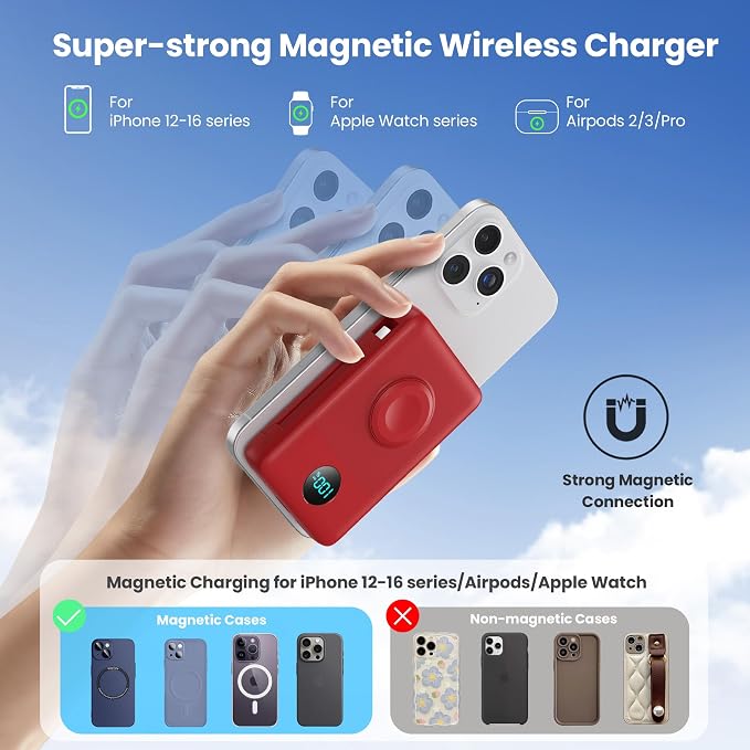 Magnetic Portable Charger 10800mAh with Built-in Cables,Wireless Power Bank for Magsafe,25W PD Fast Charging USB-C Travel Essentials Battery Pack for iPhone 17/16/15/14/13/12 Series,Apple Watch-Red - Image 5