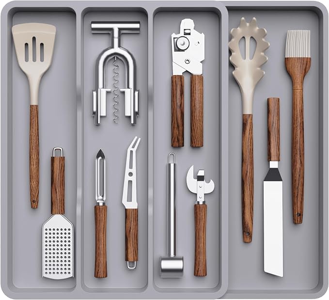 Lifewit Utensil Organizer for Kitchen Drawer, Expandable Cooking Tray | Adjustable Cutlery Flatware Holder, Plastic Silverware Spatula Tools Storage Divider, 11.9-17.3 x 15.8", Gray by Lifewit