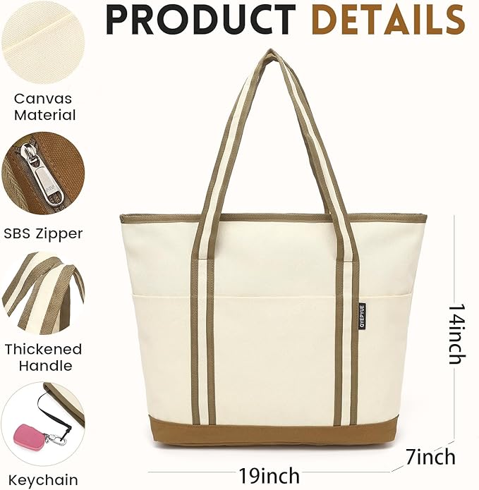 Large Canvas Tote Bag for Women, Beach Bag with Zipper, Utility Tote Bag with 3 Front Pockets, Weekender Pool Bag - Image 5