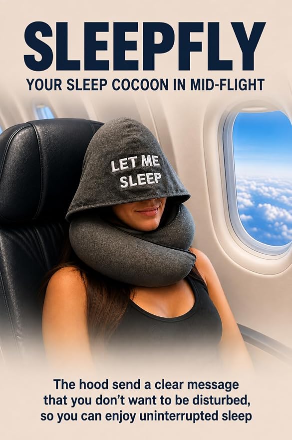 sleepfly Travel Neck Pillow with Hood – Travel Essentials Kit : Neck Pillow, Eye Mask & Silicone Earplugs – Ergonomic Memory Foam Neck Support for Airplane, Car and Train - Image 8