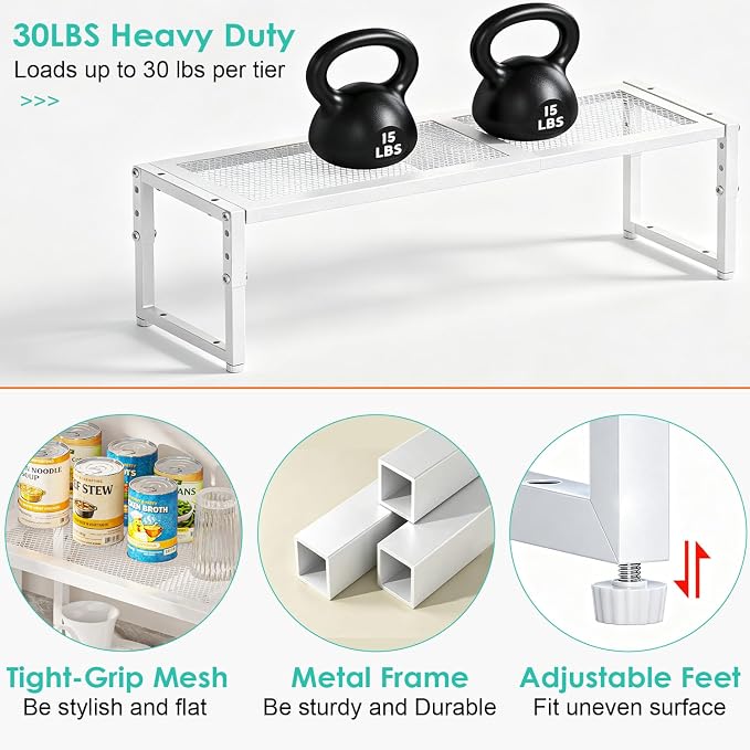 2 Pack Expandable Cabinet Shelf Organizer, Adjustable Kitchen Countertop Metal Storage Shelves Organizers, Stackable Kitchen Counter Pantry Cupboard Storage Rack, 30LBS Load Capacity,15.5"-25.5" Long - Image 3