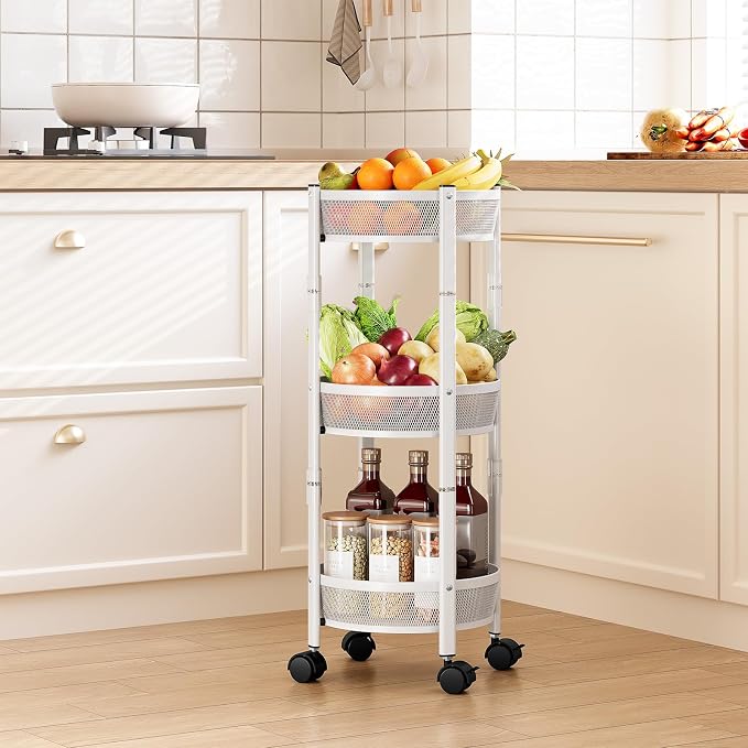 TOOLF 3 Tier Foldable Rolling Cart, Metal Utility Storage Cart, White | Assembly-Free, Lockable Wheels, Round Trolley Organizer for Bathroom, Kitchen, Office, Dorm, Laundry, Craft Room - Image 8