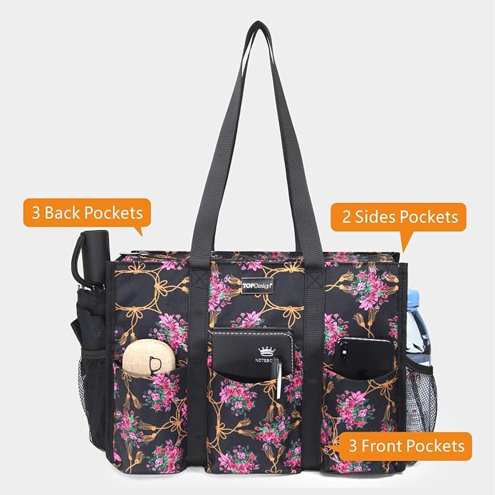 TOPDesign Utility Water Resistant Tote Bag with 13 Pockets, Top Zipper Closure & Thick Bottom Support, for Working Women - Image 3