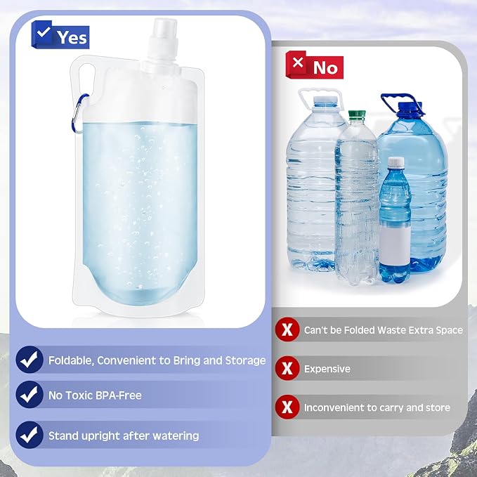 Maxdot 12 Pack 1L Collapsible Travel Water Bottles with Clip 33 oz Clear Foldable Water Pouch Container Bag for Hiking Backpacking Camping Travel Emergency - Image 4