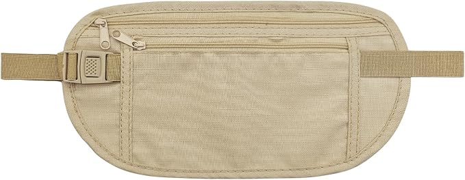 Money Belt Anti-theft Waist Pack Nylon Fanny Pack Hidden Under Clothes Passport Holder Travel Wallet with Adjustable Buckle for Travel, Running, Hiking, Cycling (Khaki) by Unknown