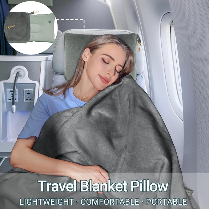 Travel Blanket and Pillow Set for Airplane, 300 GSM Soft Fleece Compact Travel Blanket with Inflatable Pillow and Carry Bag, 60x43 Inches, Grey - Image 7