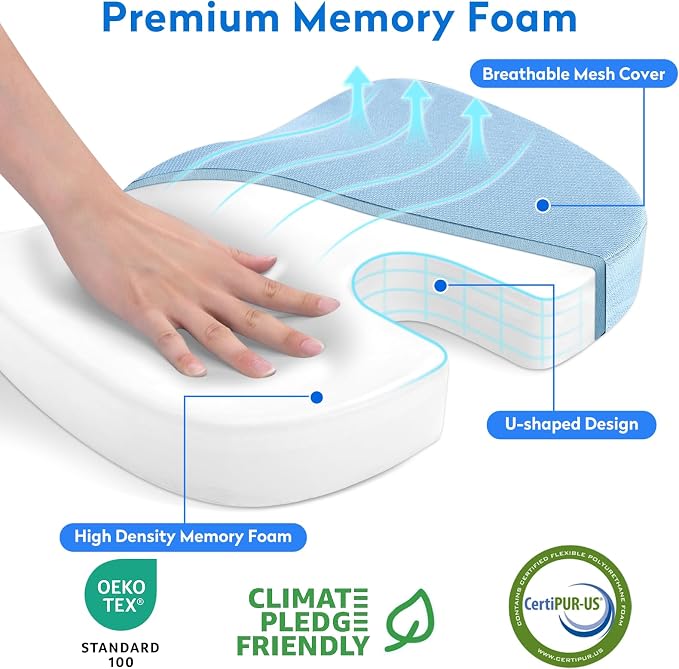 CushZone XL Memory Foam Seat Cushion for Office & Car, Light Blue | U-shaped Coccyx Cutout, Contoured Design, Breathable Removable Mesh Cover, Non-Slip Base, Carry Handle - Image 2