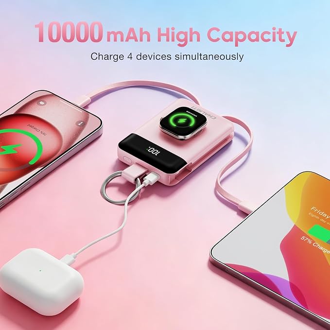 10000mAh Portable Charger,22.5W Power Bank&iWatch Charger,Pink | LED Display,Built-in Cables,Super Fast Charging,Travel Keychain Battery Pack for iPhone 17/16/15/14/13/12,Apple Watch Series - Image 2
