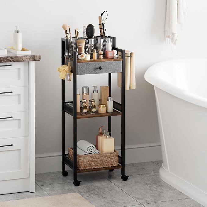 Bathroom Stand, Makeup Cart with Drawer for Cosmetic and Skincare | 3 Tier Metal Rolling Standing Unit for Bathroom, Bedroom, with Hair Organizer Storage, Vanity Storage for Women 12.8in Wide - Image 4