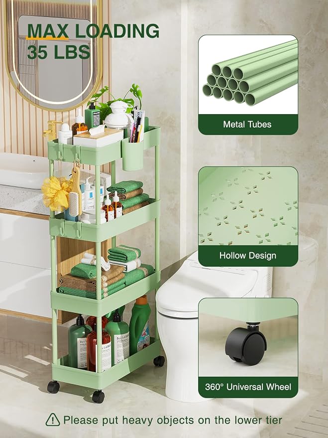 LEHOM Slim Rolling Storage Cart - 4 Tiers Bathroom Organizer Utility Cart | Slide Out Storage Shelves Mobile Shelving Unit for Kitchen, Bedroom, Office, Laundry Room, Small Narrow Spaces (7.1" W+Green) - Image 6