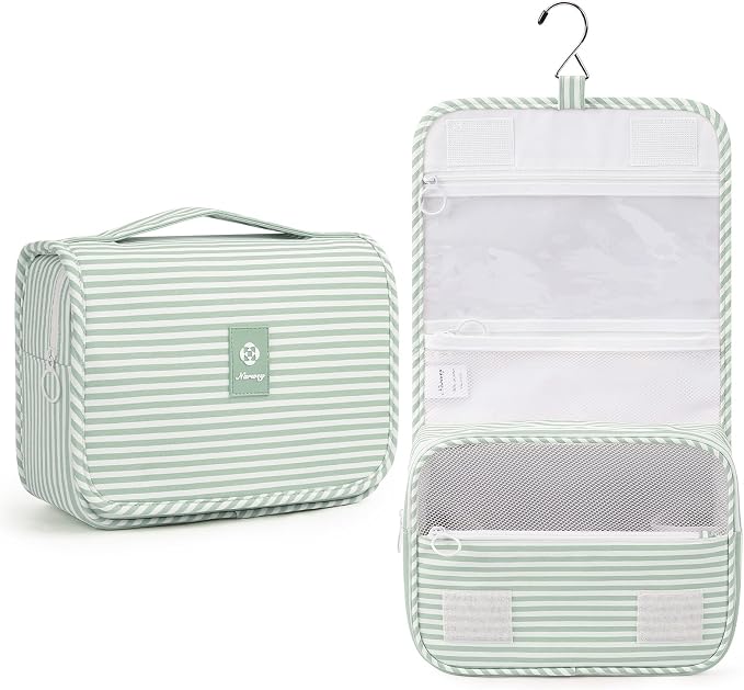 Narwey Small Hanging Toiletry Bag for Travel Women Girl, Striped Toiletries Travel Bag with Hook, Hanging Makeup Bag Organizer Make Up Cosmetic Bags, Gifts for Kids Teen (Mint Green Stripe) by Narwey