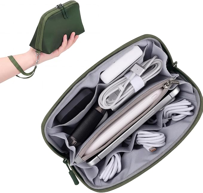 FYY Travel Cable Organizer - 8 Compartments, Lightweight, Water Repellent | With Wrist Strap, Portable Tech Pouch for Cord Charger, Travel and Business Trips Use, Soft Shell Nylon, Green (Small) by FYY